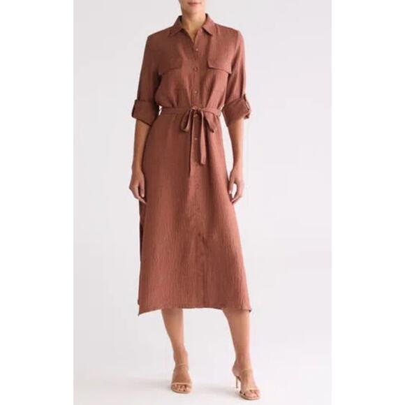 Max Studio Dress Sz L Brown Button Down Textured Long Sleeve Midi Shirtdress - Picture 1 of 9